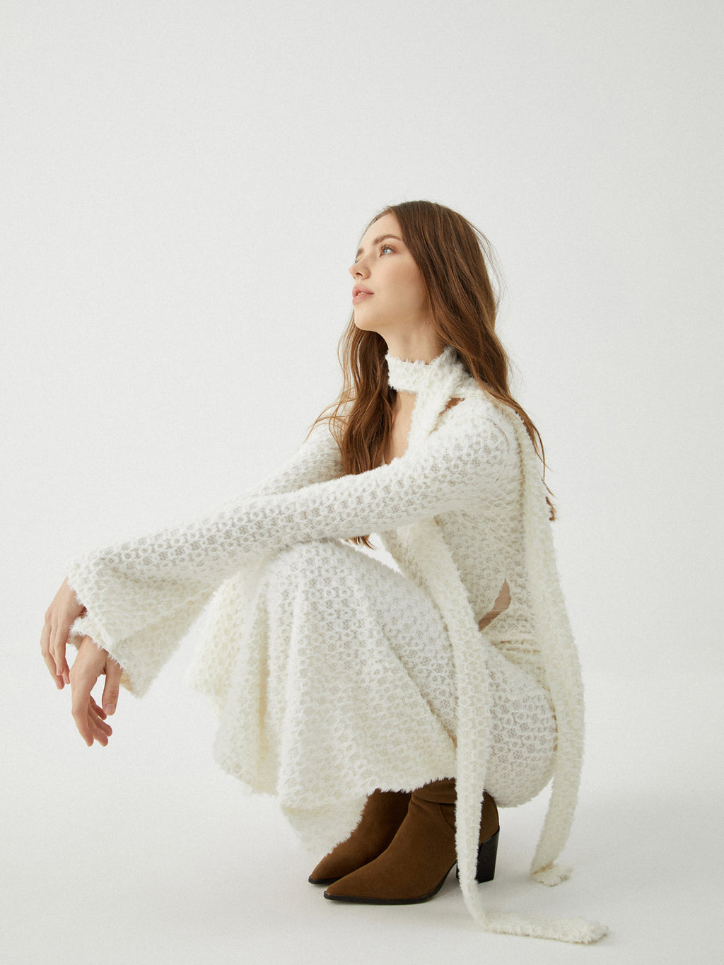 Jacquard Long Sleeve Maxi Dress — Off-White V-Neck — Svelte Chic