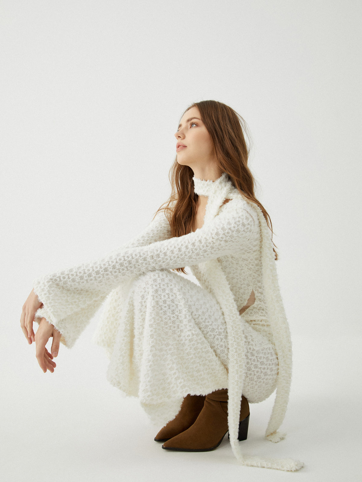 Jacquard Long Sleeve Maxi Dress — Off-White V-Neck — Svelte Chic