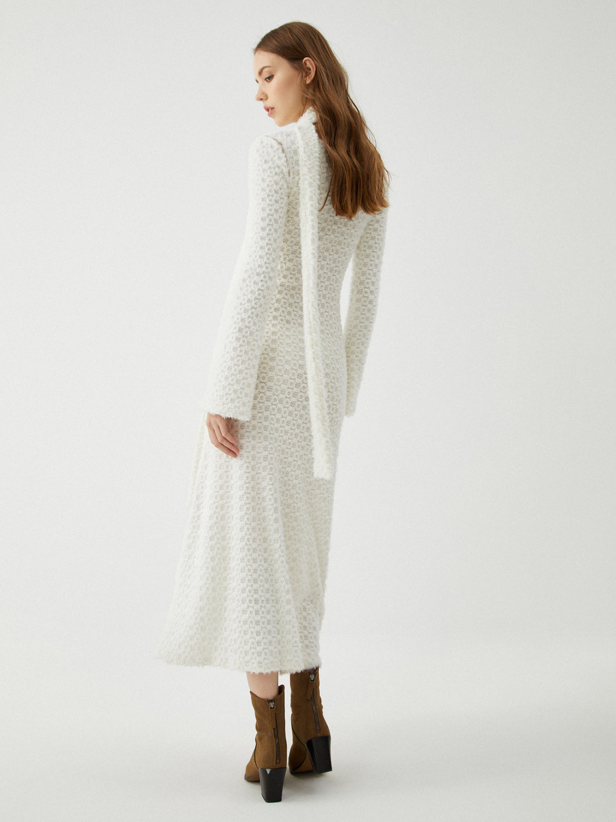 Jacquard Long Sleeve Maxi Dress — Off-White V-Neck — Svelte Chic
