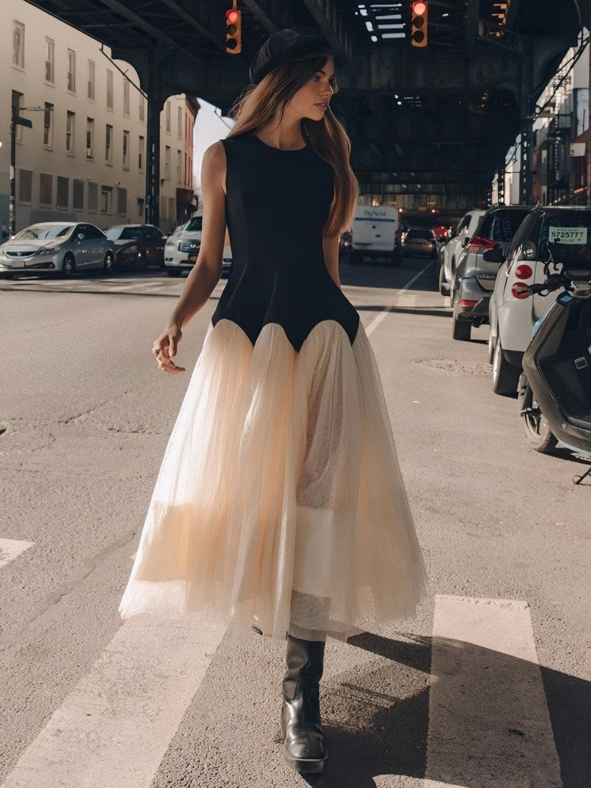 Contrast Petal Waist Halter Midi Dress — Black in Black — Svelte Chic