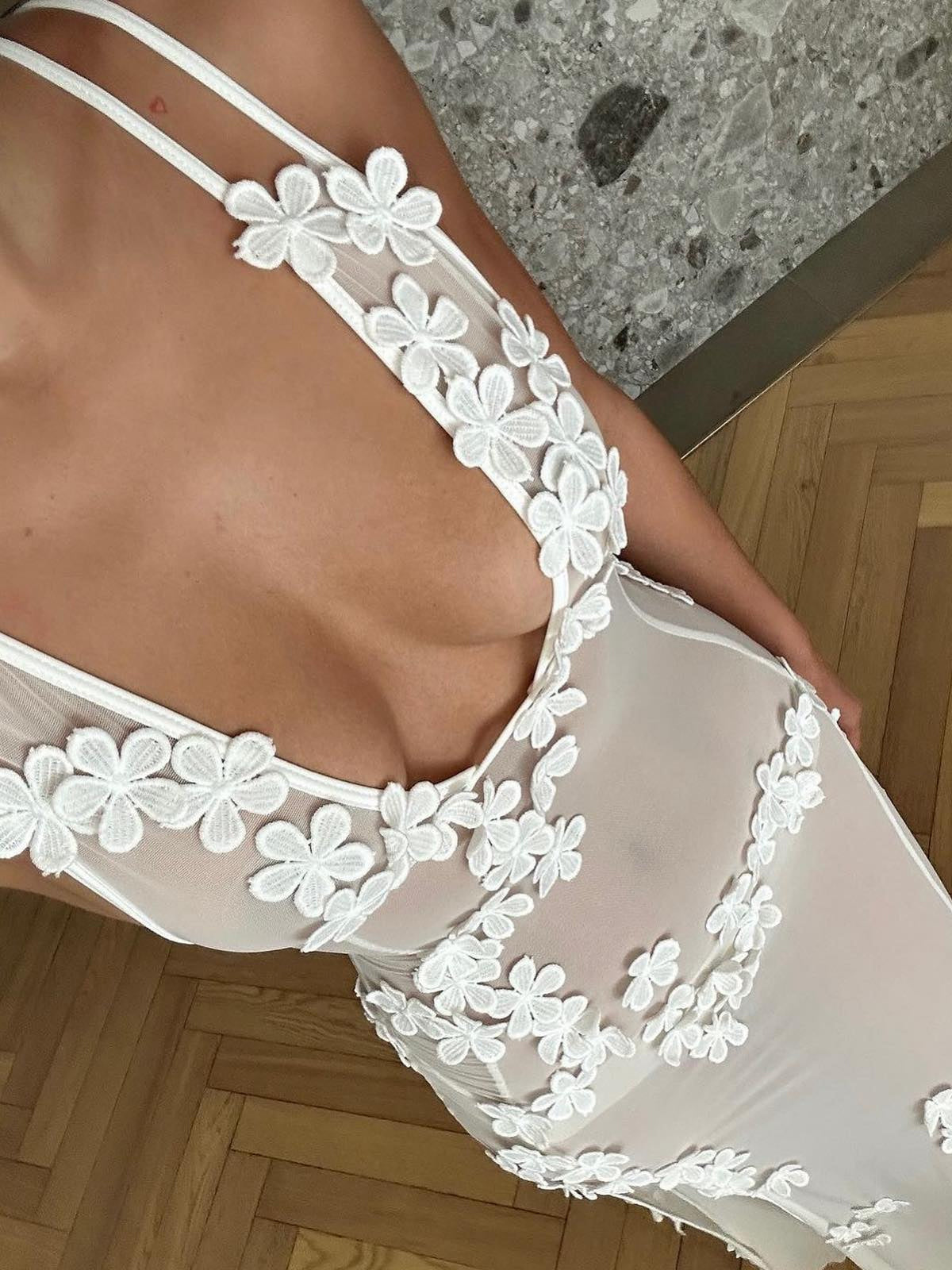 Sheer Floral Split Maxi Dress — White — Svelte Chic