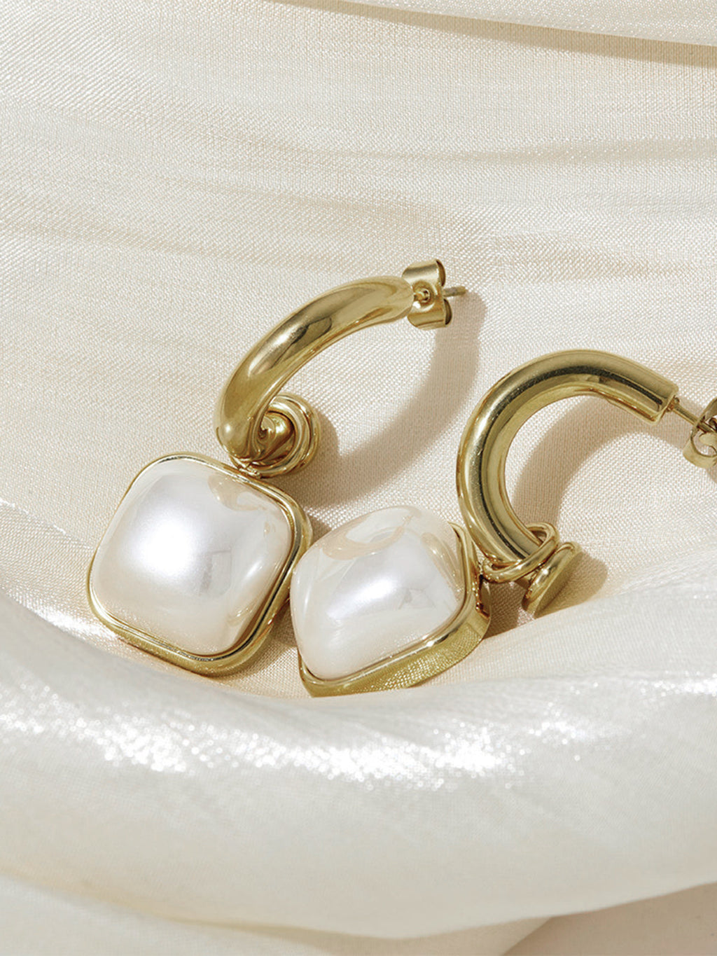 Pearl Square Earrings — Gold Titanium Steel — Svelte Chic