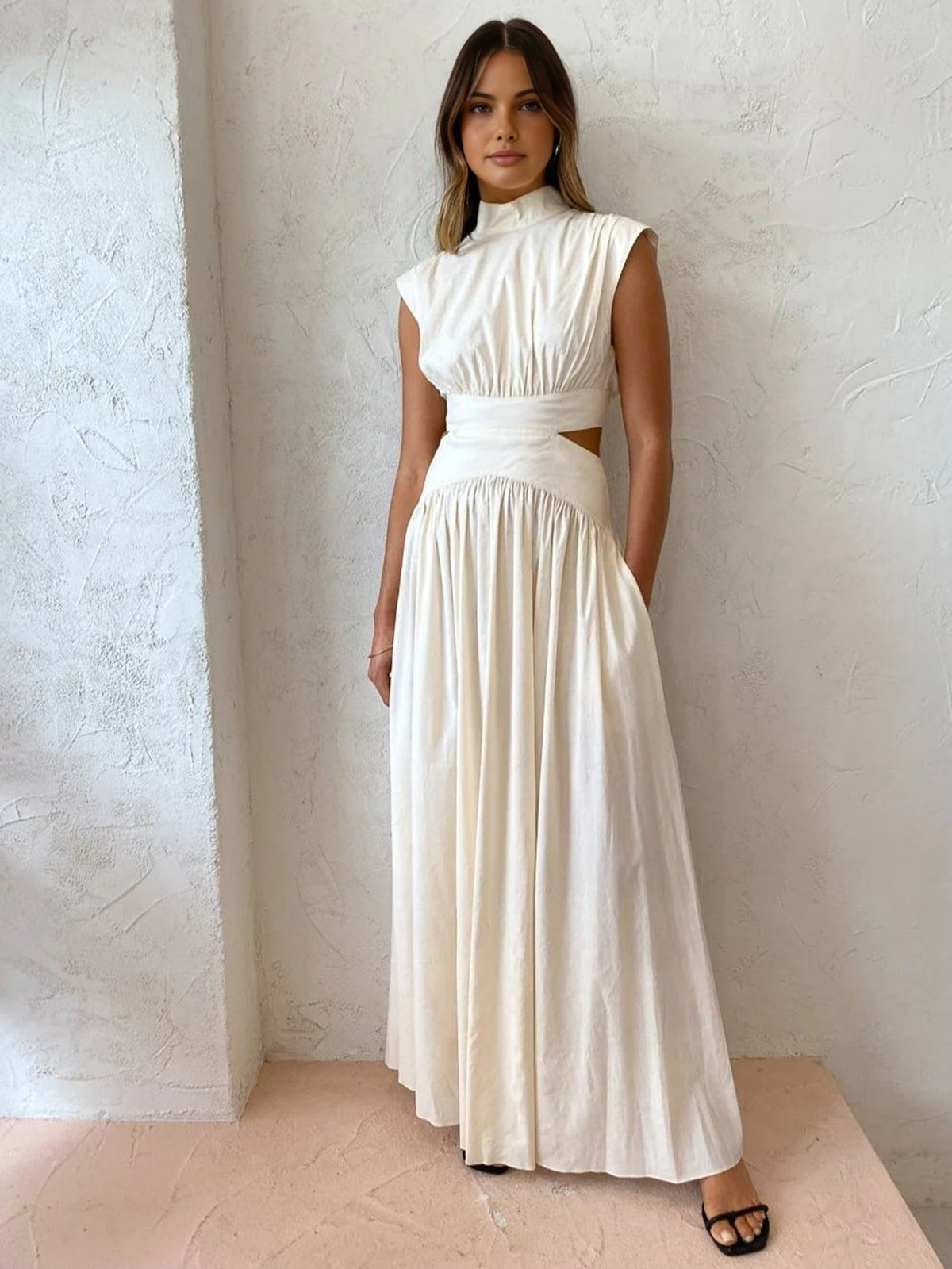 Mock Neck Cutout Maxi Dress in White — Svelte Chic