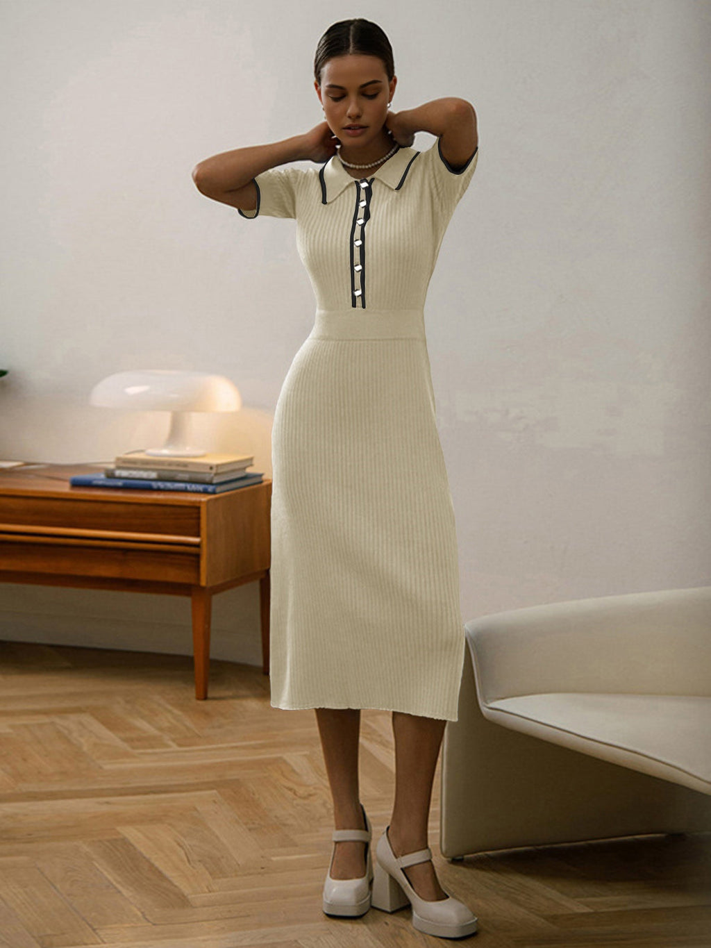 Contrast Trim Polo Knit Midi Dress — Apricot — Svelte Chic