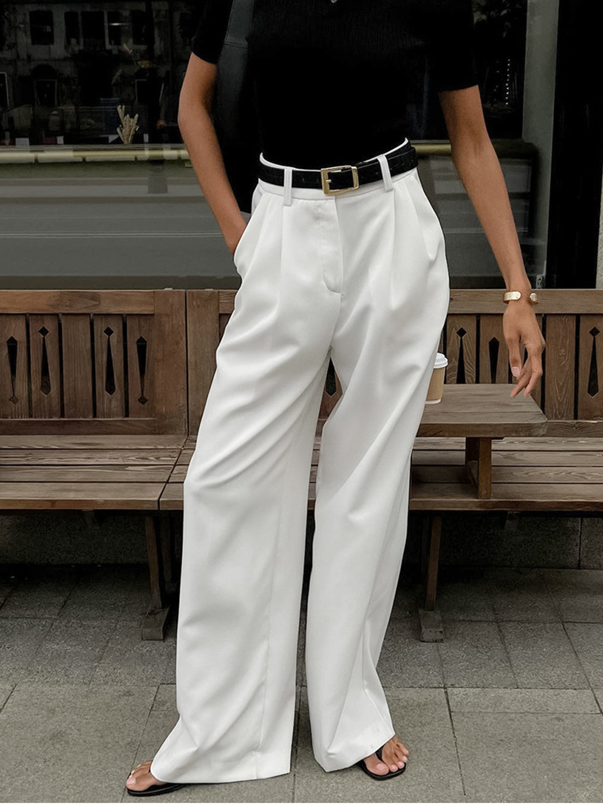 Wide Leg Trousers — White — Svelte Chic
