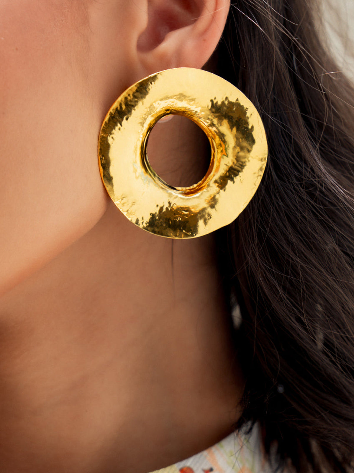 Textured Round Stud Earrings — Gold, 5.3 cm in Gold — Svelte Chic