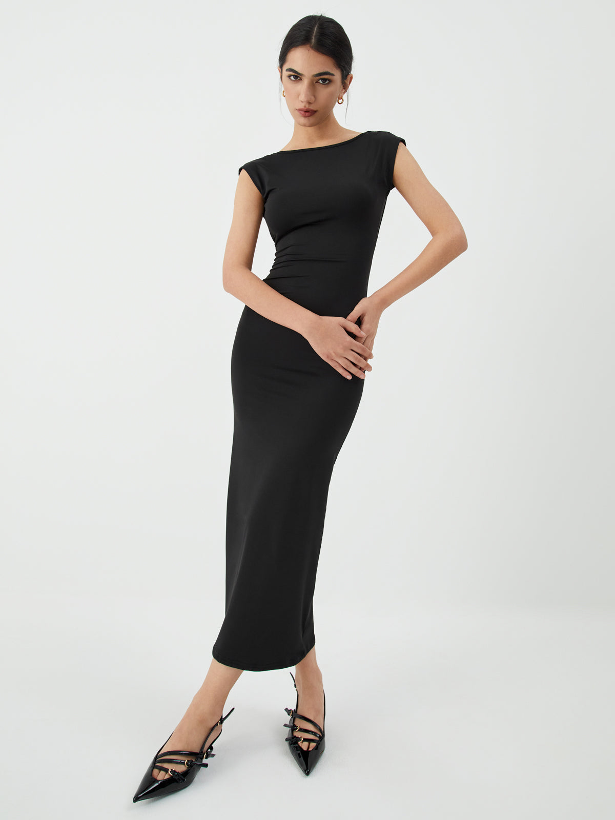 Backless Midi Dress — Black Short Sleeve — Svelte Chic