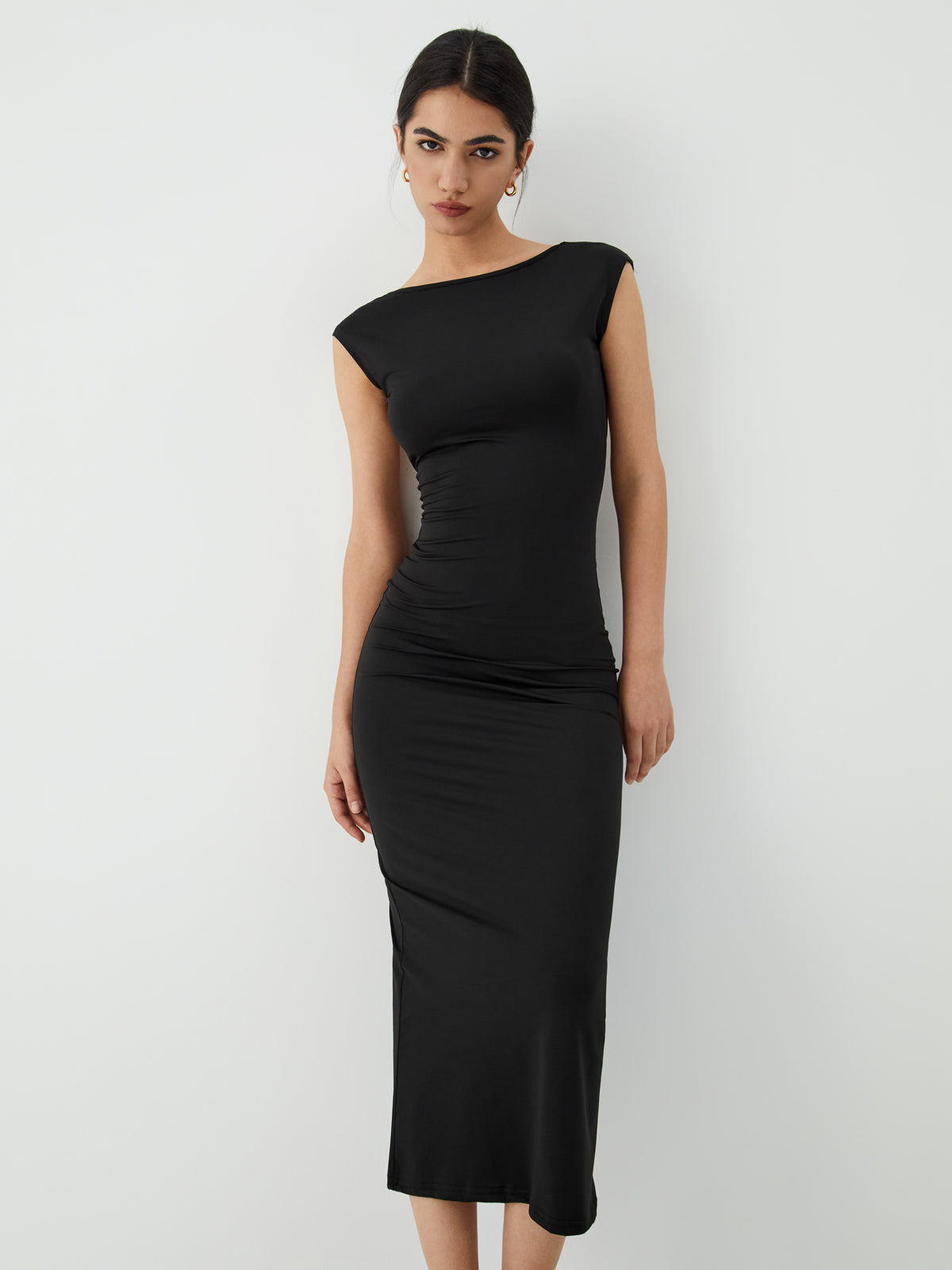 Backless Midi Dress — Black Short Sleeve — Svelte Chic