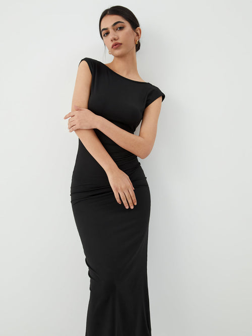 Backless Midi Dress — Black Short Sleeve — Svelte Chic
