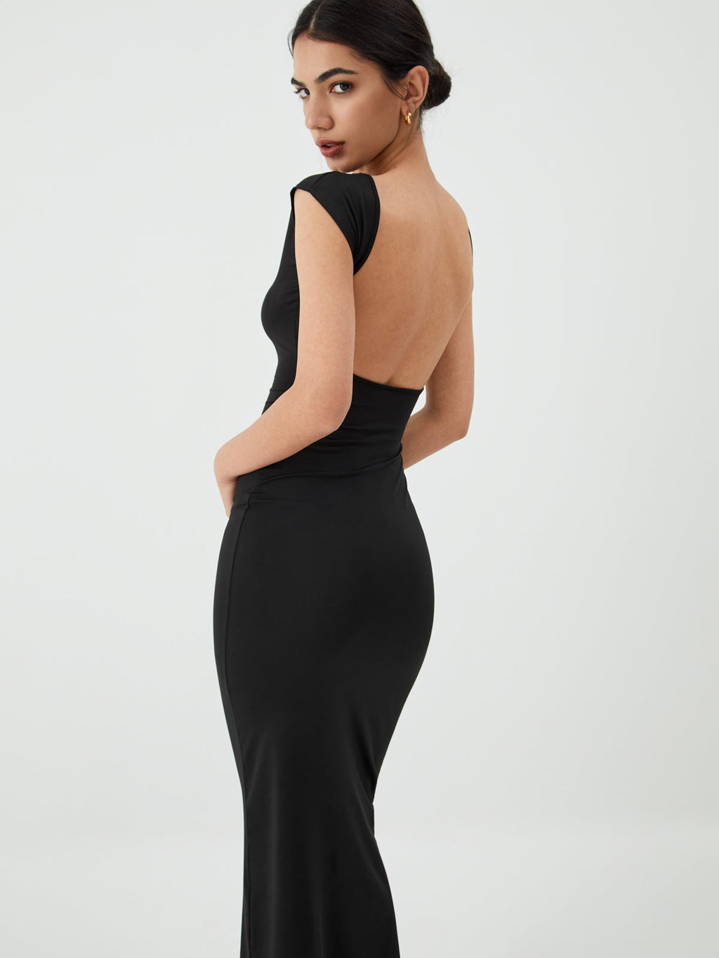 Backless Midi Dress — Black Short Sleeve in Black — Svelte Chic