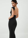 Backless Midi Dress — Black Short Sleeve in Black — Svelte Chic