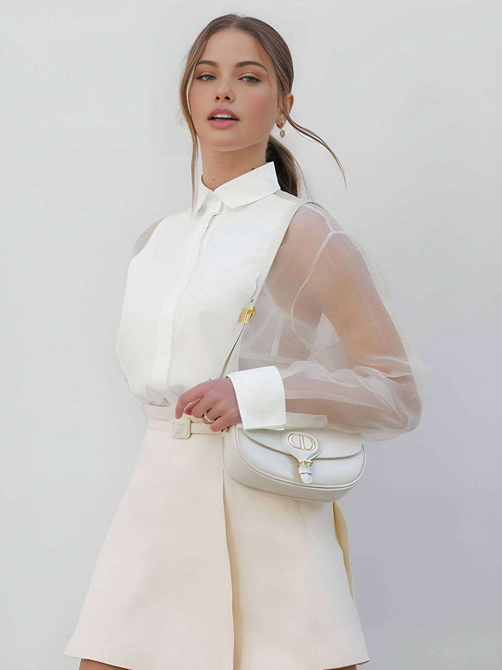 Puff Sleeve Organza Shirt — White — Svelte Chic