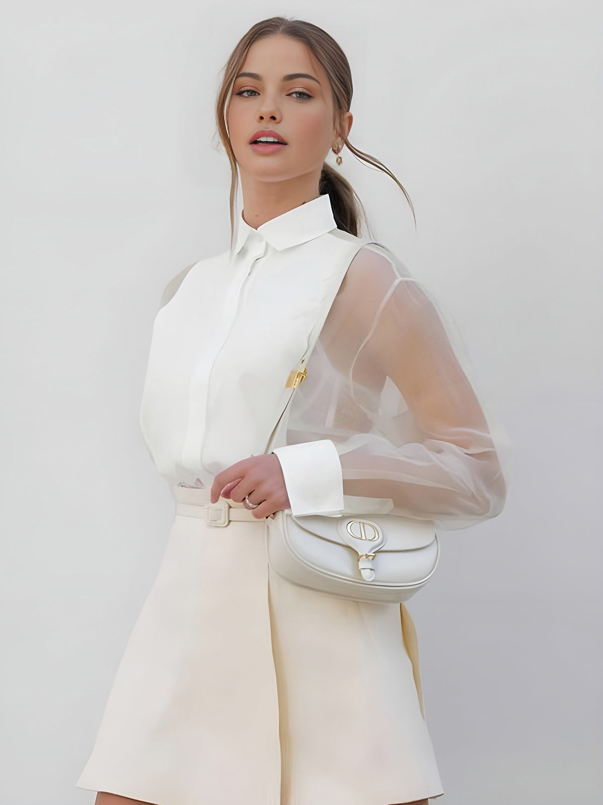 Puff Sleeve Organza Shirt — White — Svelte Chic
