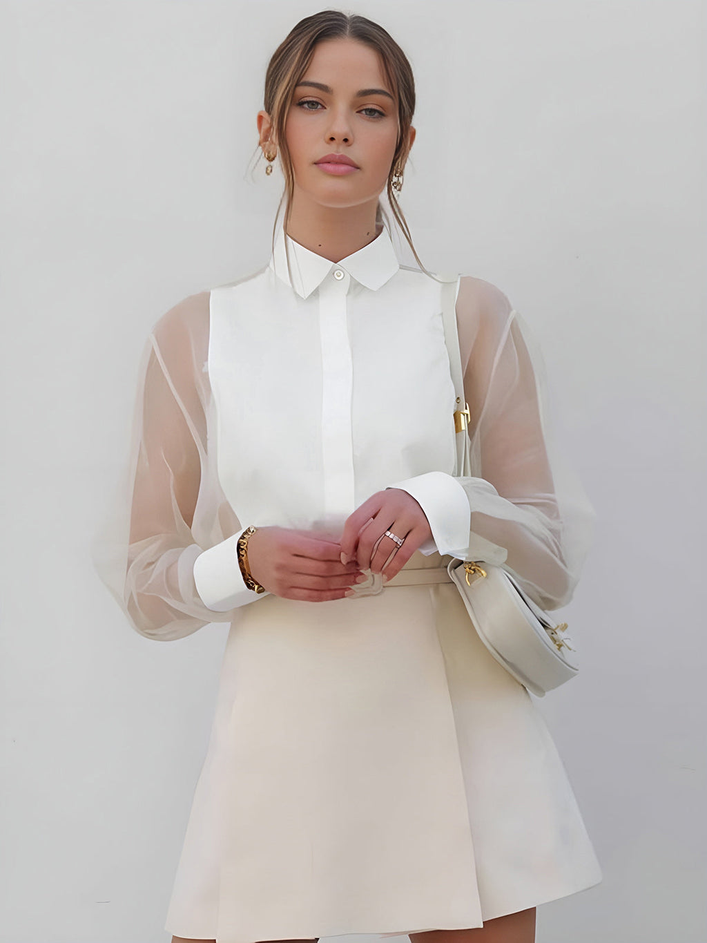 Puff Sleeve Organza Shirt — White in White — Svelte Chic