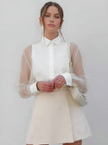 Puff Sleeve Organza Shirt — White in White — Svelte Chic