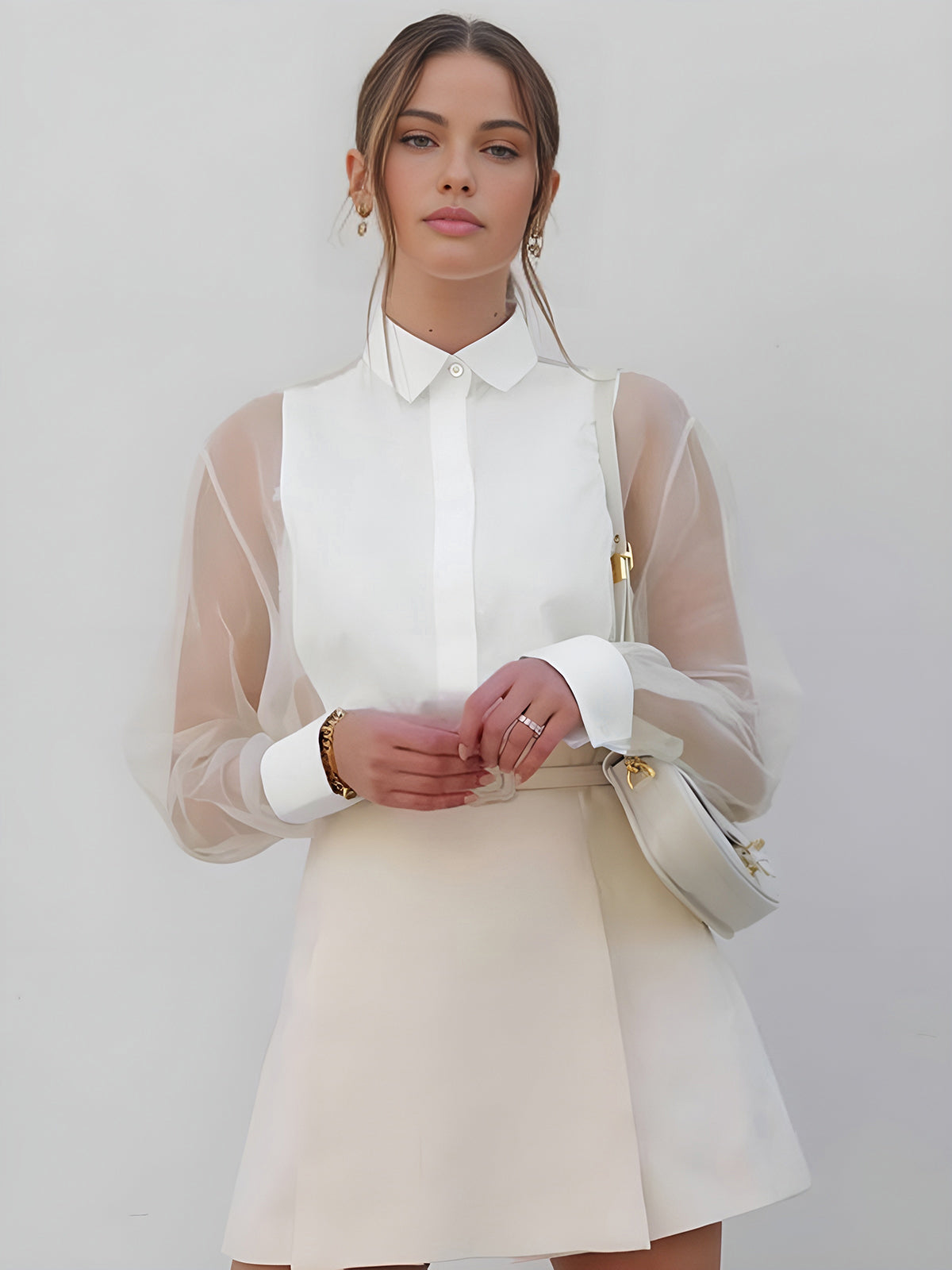 Puff Sleeve Organza Shirt — White in White — Svelte Chic