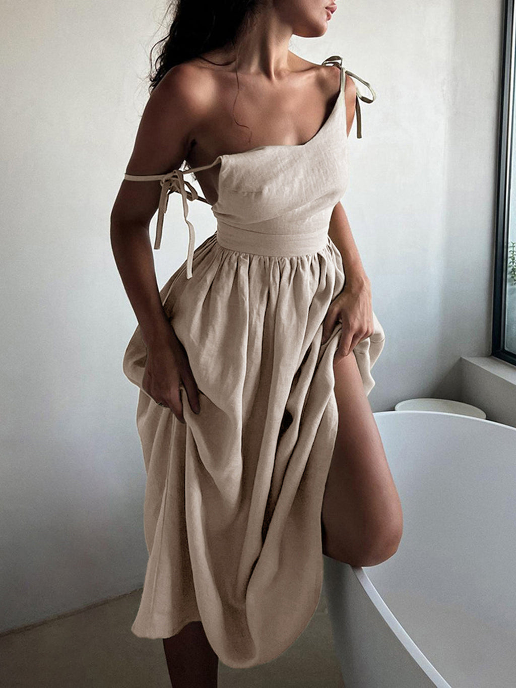 Backless Cotton Linen Lace-Up Maxi Dress — V-Neck in Apricot — Svelte Chic
