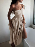 Backless Cotton Linen Lace-Up Maxi Dress — V-Neck in Apricot — Svelte Chic