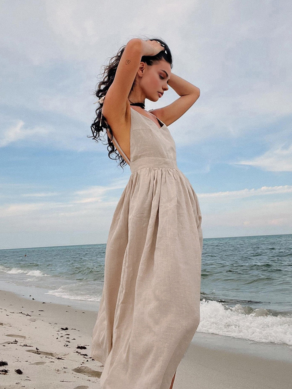 Backless Cotton Linen Lace-Up Maxi Dress — V-Neck — Svelte Chic