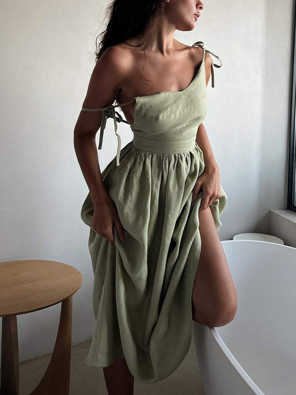 Backless Cotton Linen Lace-Up Maxi Dress — V-Neck in Green — Svelte Chic