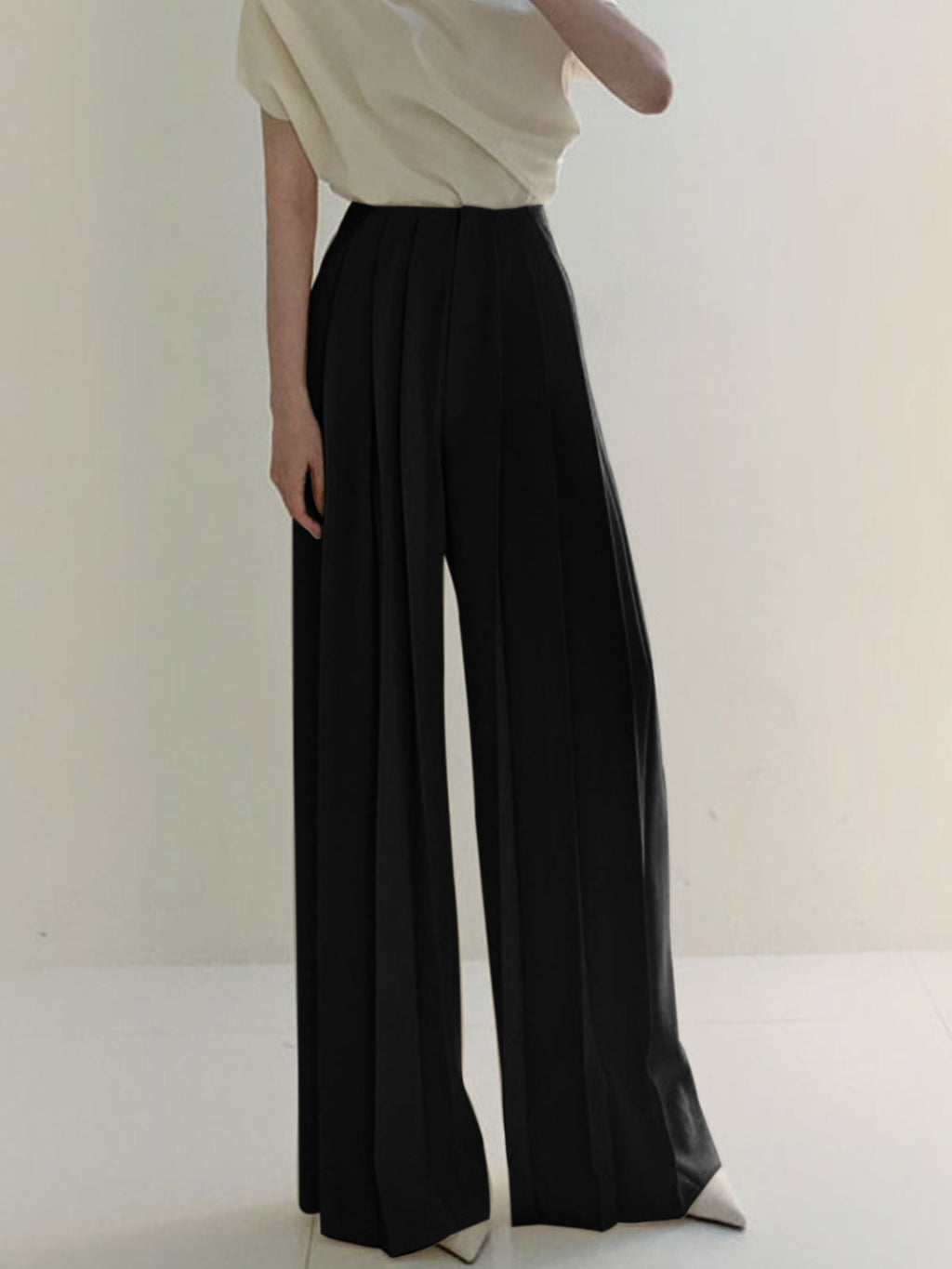 Pleated High Waist Wide Leg Trousers in Black — Svelte Chic