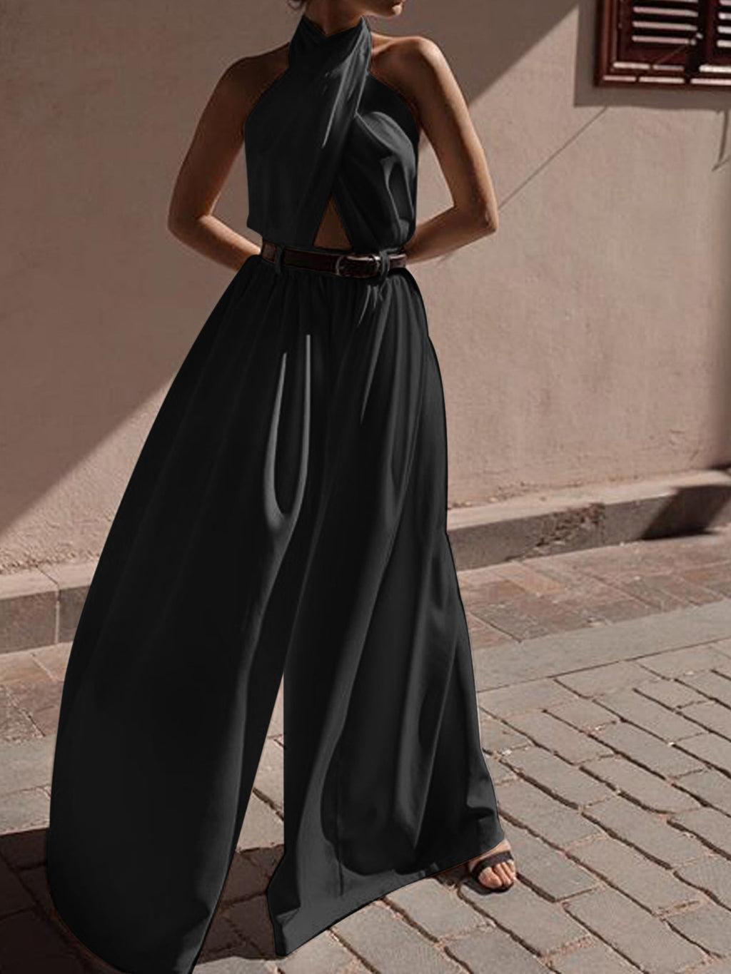 Criss-Cross Halter Backless Jumpsuit in Black — Svelte Chic