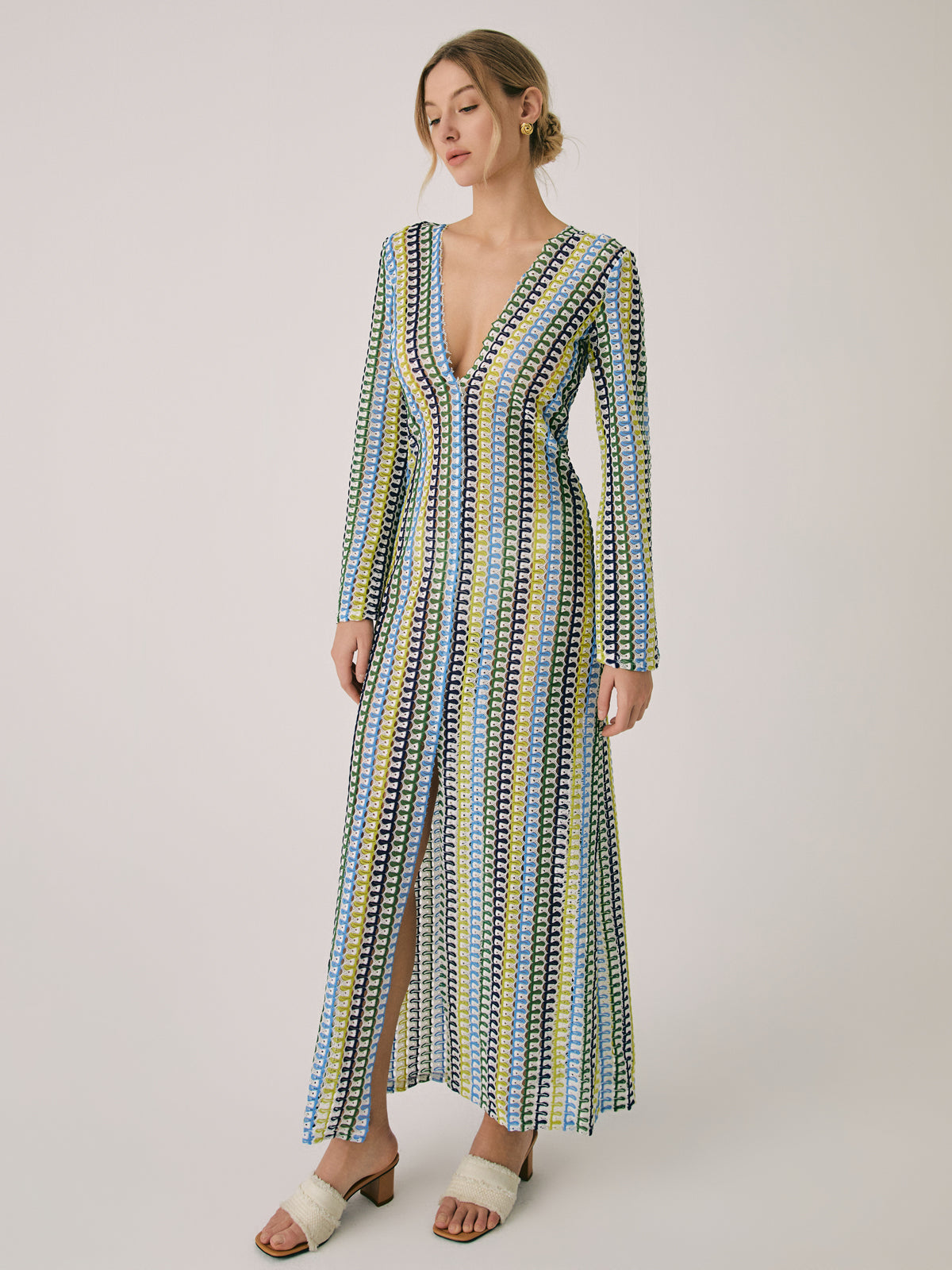 Crochet Lace Maxi Dress — Multicolour Long Sleeve — Svelte Chic