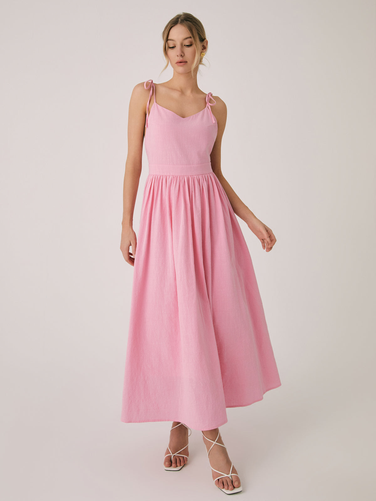 Backless Cotton Linen Lace-Up Maxi Dress — V-Neck in Pink — Svelte Chic