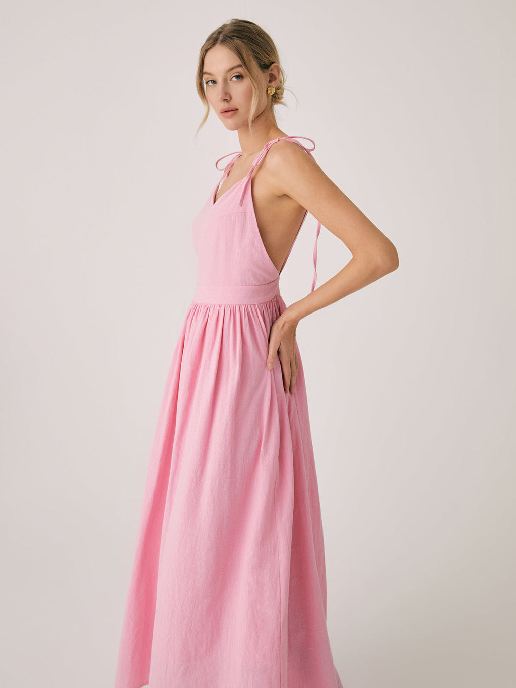 Backless Cotton Linen Lace-Up Maxi Dress — V-Neck — Svelte Chic