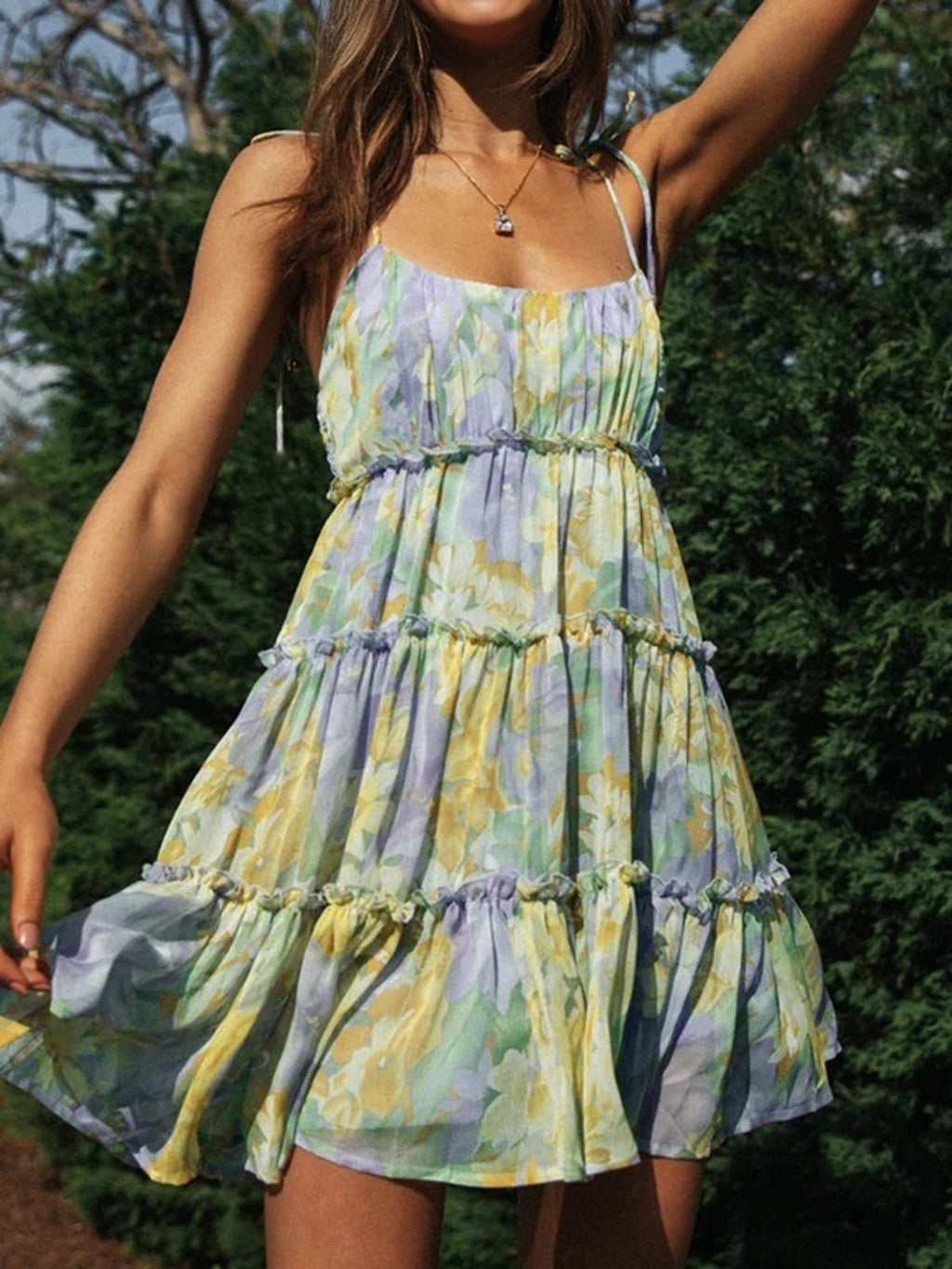 Floral Layered Mini Cami Dress — Green & Yellow in Multicolor — Svelte Chic