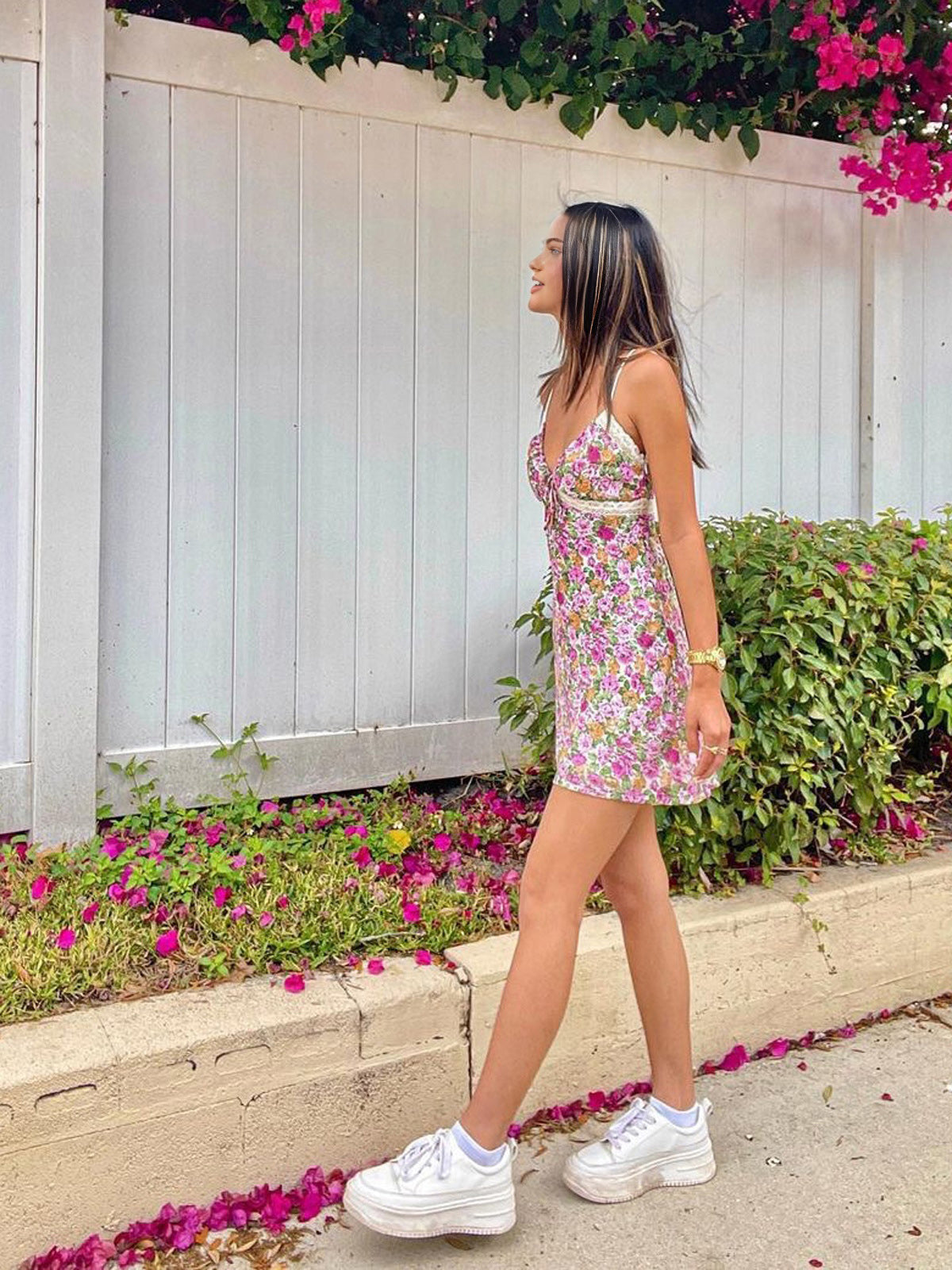 Floral Lace Patchwork Mini Dress — Pink V-Neck — Svelte Chic