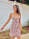 Floral Lace Patchwork Mini Dress — Pink V-Neck in Pink — Svelte Chic