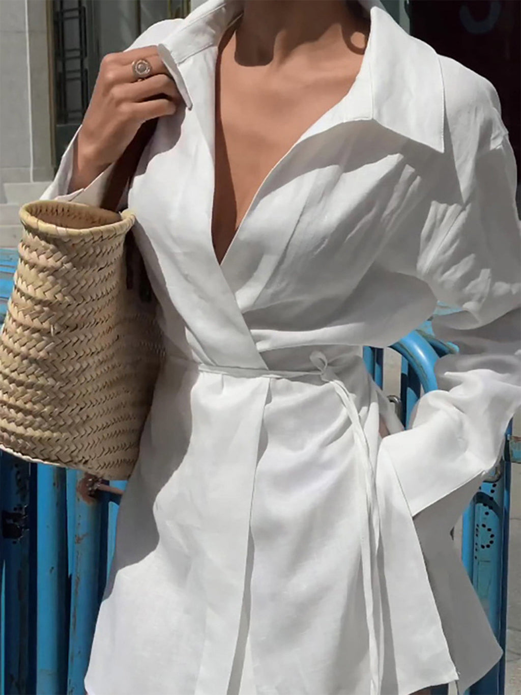 Cotton Linen Tie-Front Blouse — White — Svelte Chic