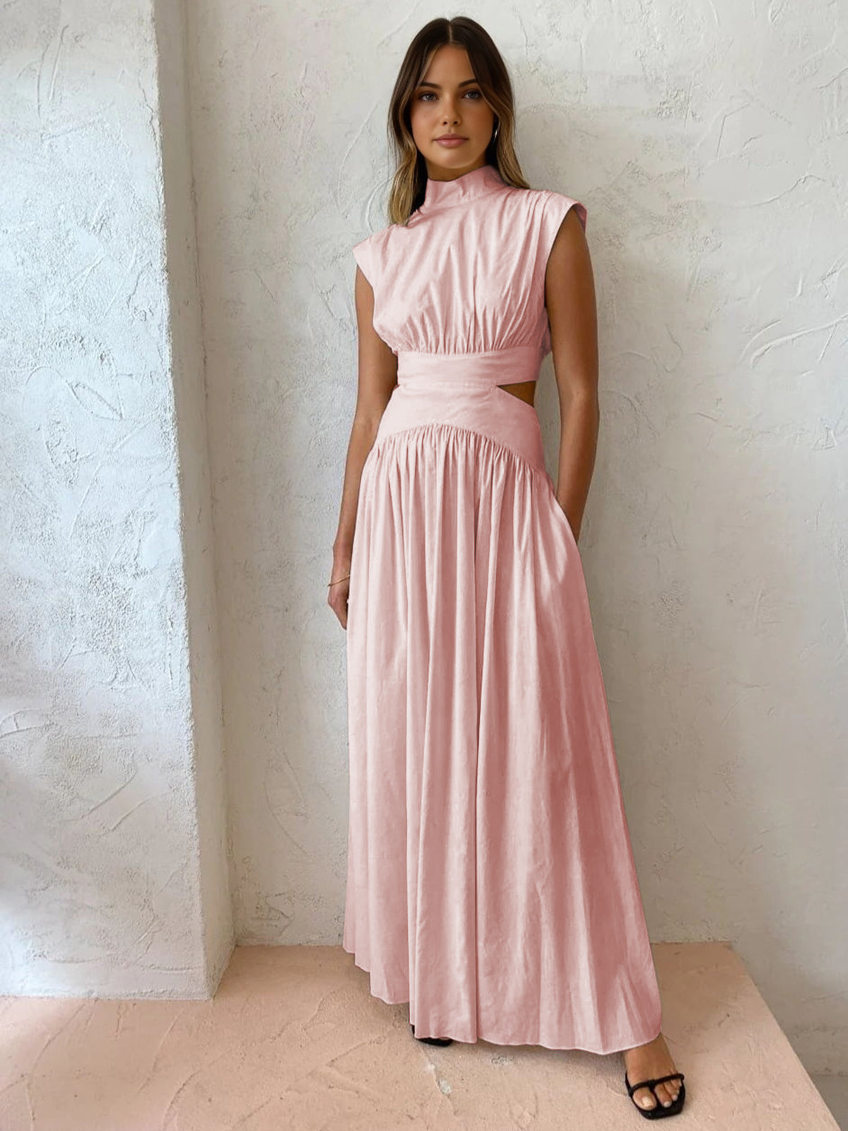 Mock Neck Cutout Maxi Dress in Pink — Svelte Chic
