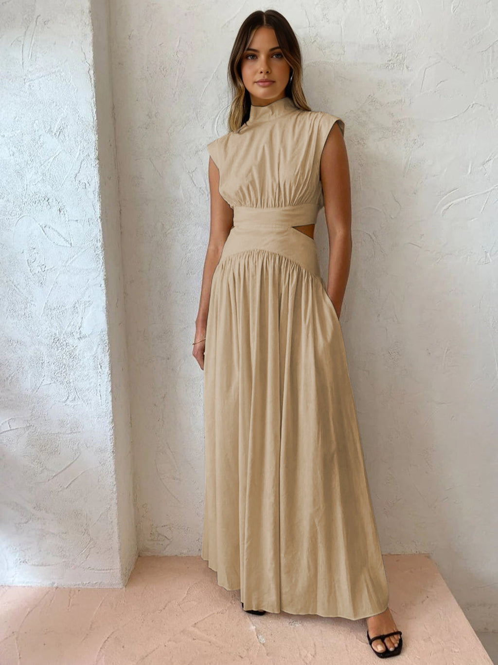 Mock Neck Cutout Maxi Dress in Khaki — Svelte Chic