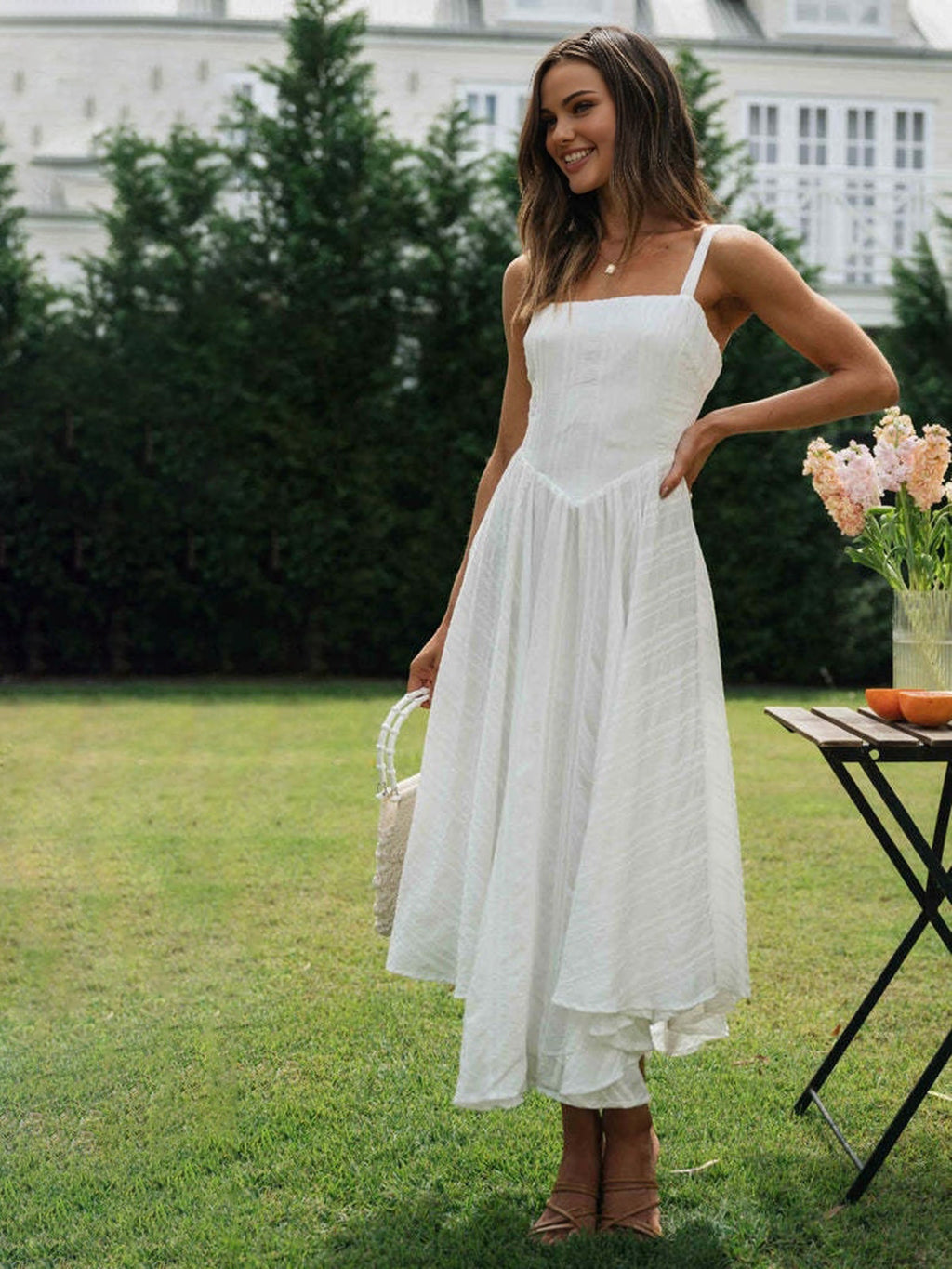 Romantic Cotton Cami Maxi Dress — White Asymmetric — Svelte Chic