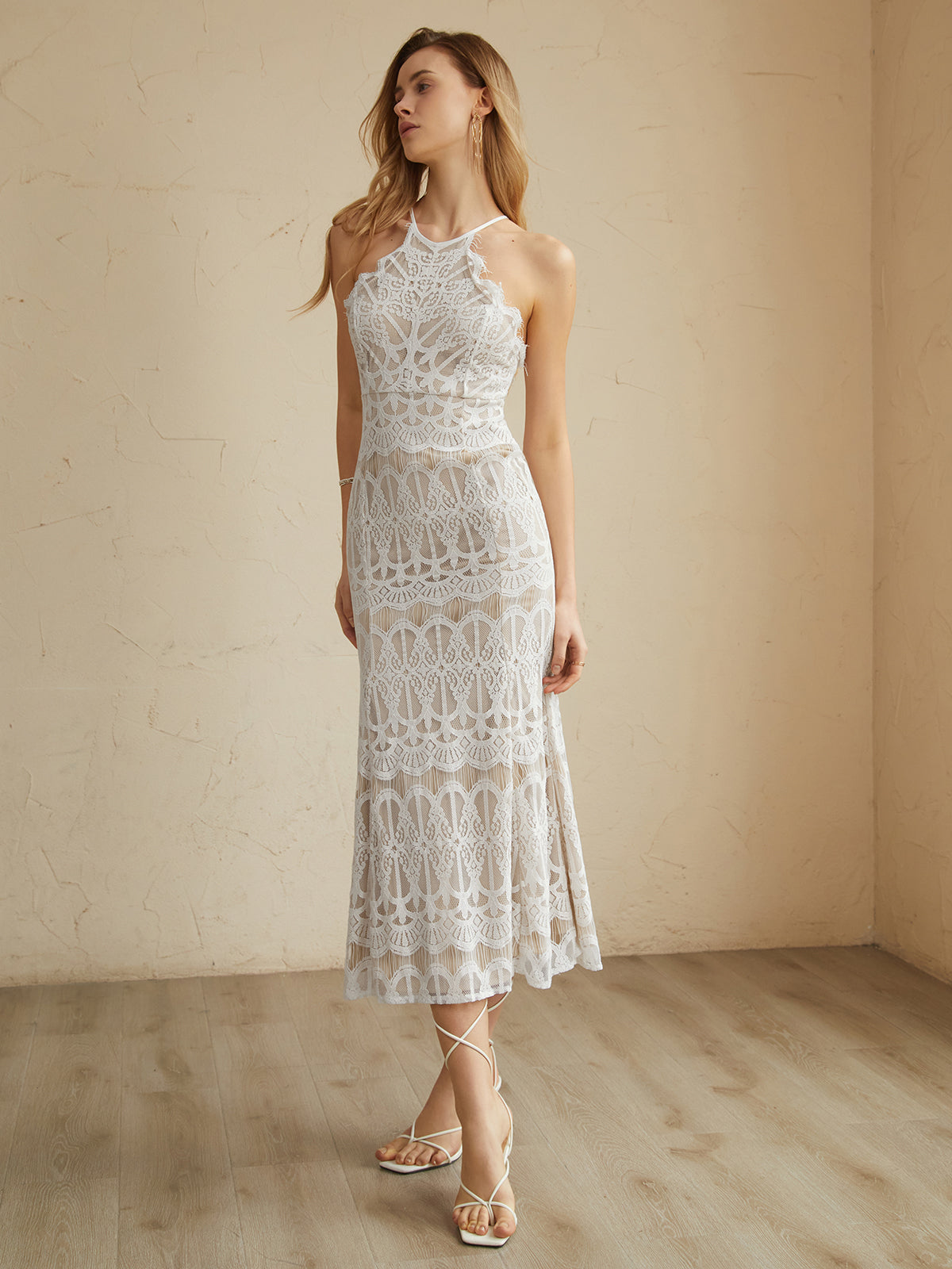 Lace Halter Maxi Dress — White in White — Svelte Chic