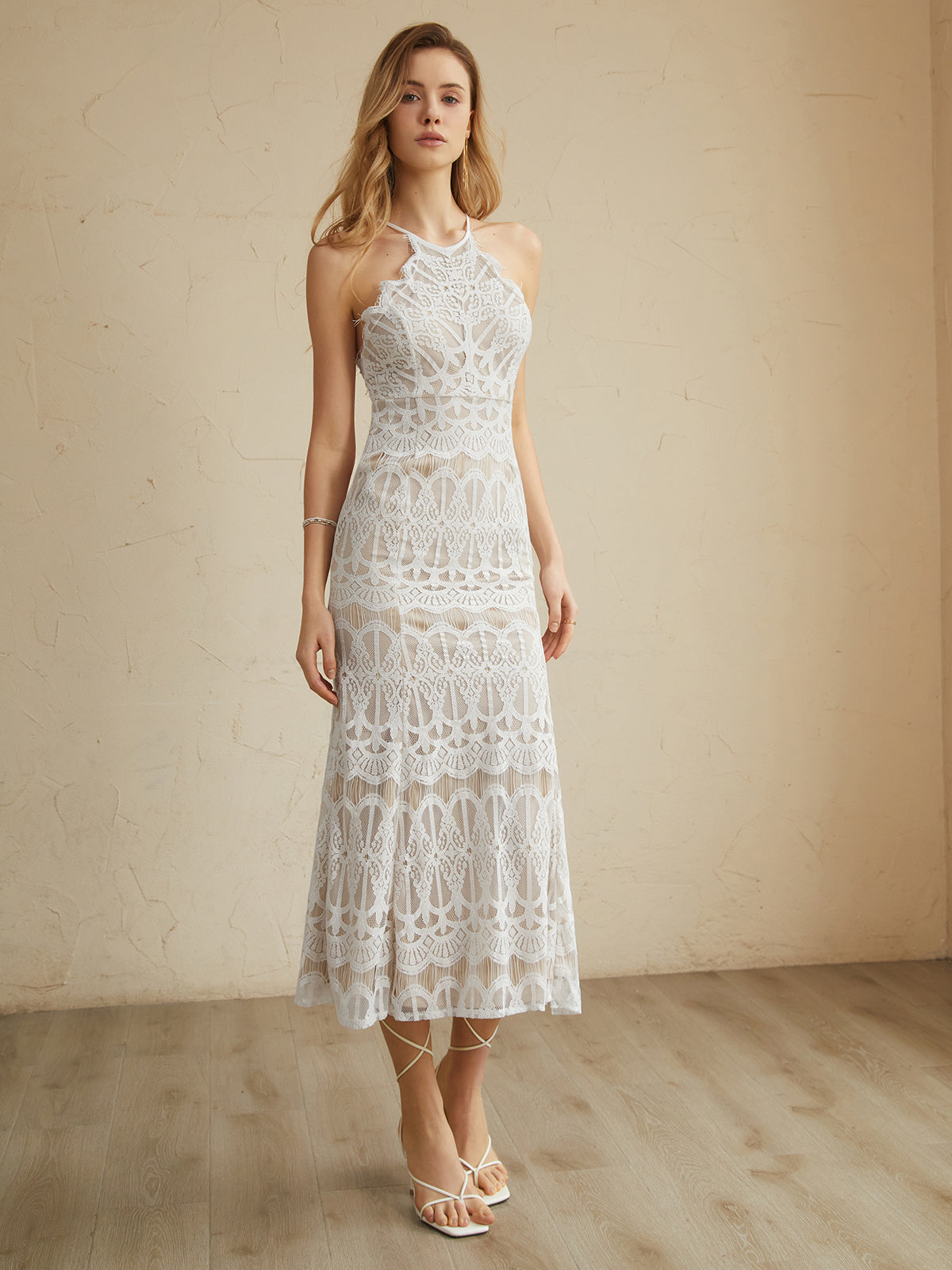 Lace Halter Maxi Dress — White — Svelte Chic