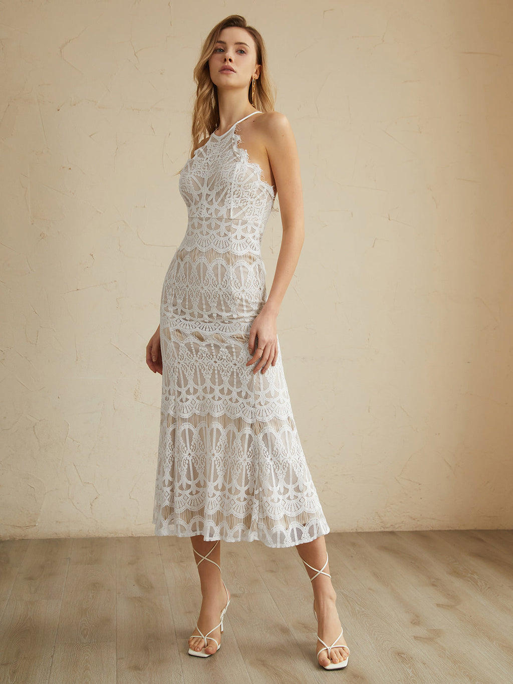 Lace Halter Maxi Dress — White — Svelte Chic