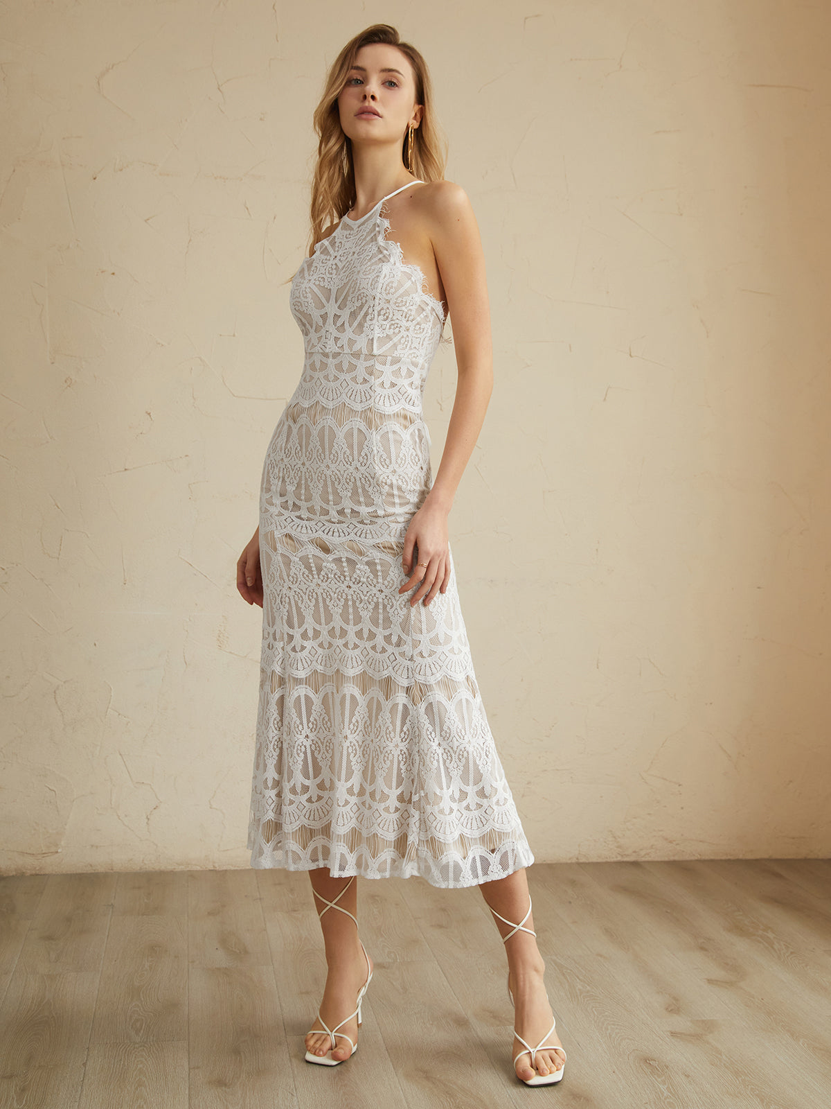 Lace Halter Maxi Dress — White — Svelte Chic