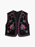 Floral Embroidered Open Front Vest — Black in Black — Svelte Chic
