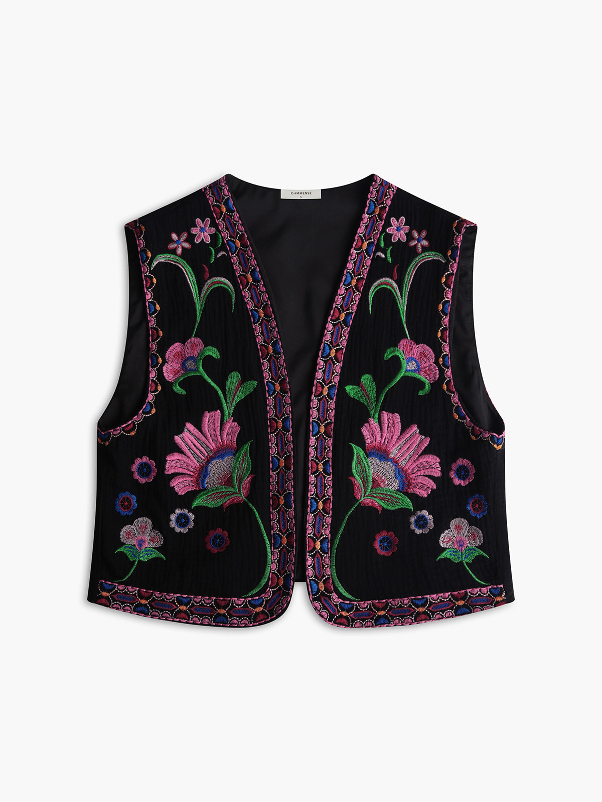 Floral Embroidered Open Front Vest — Black in Black — Svelte Chic
