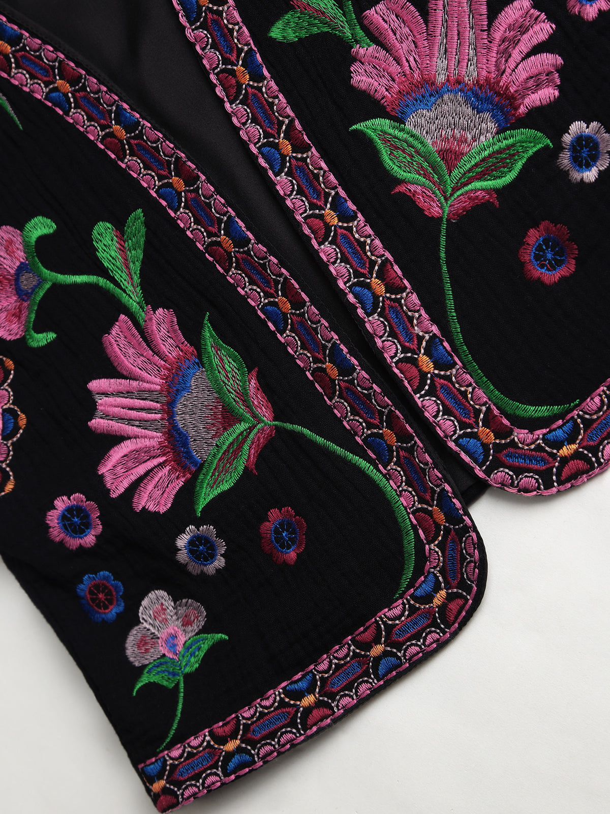 Floral Embroidered Open Front Vest — Black — Svelte Chic