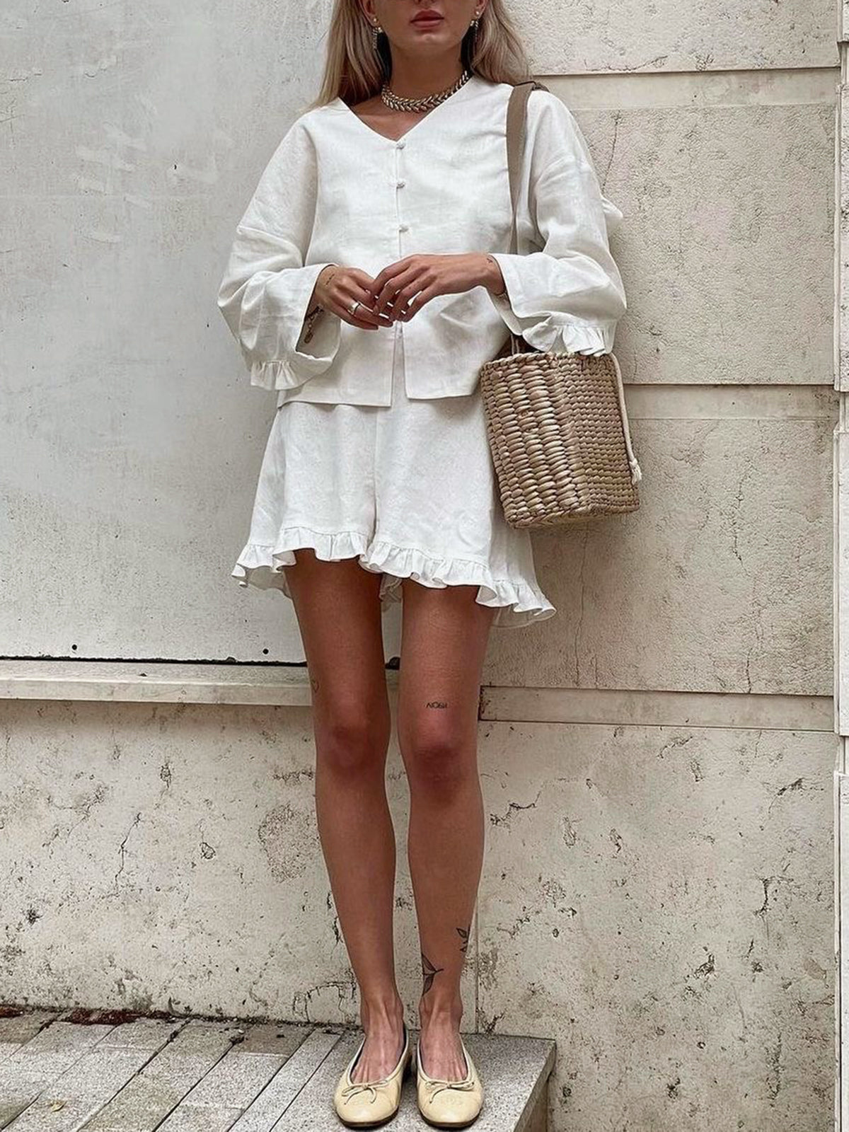 Pure Cotton Ruffle High-Waist Shorts Set — Off-White — Svelte Chic