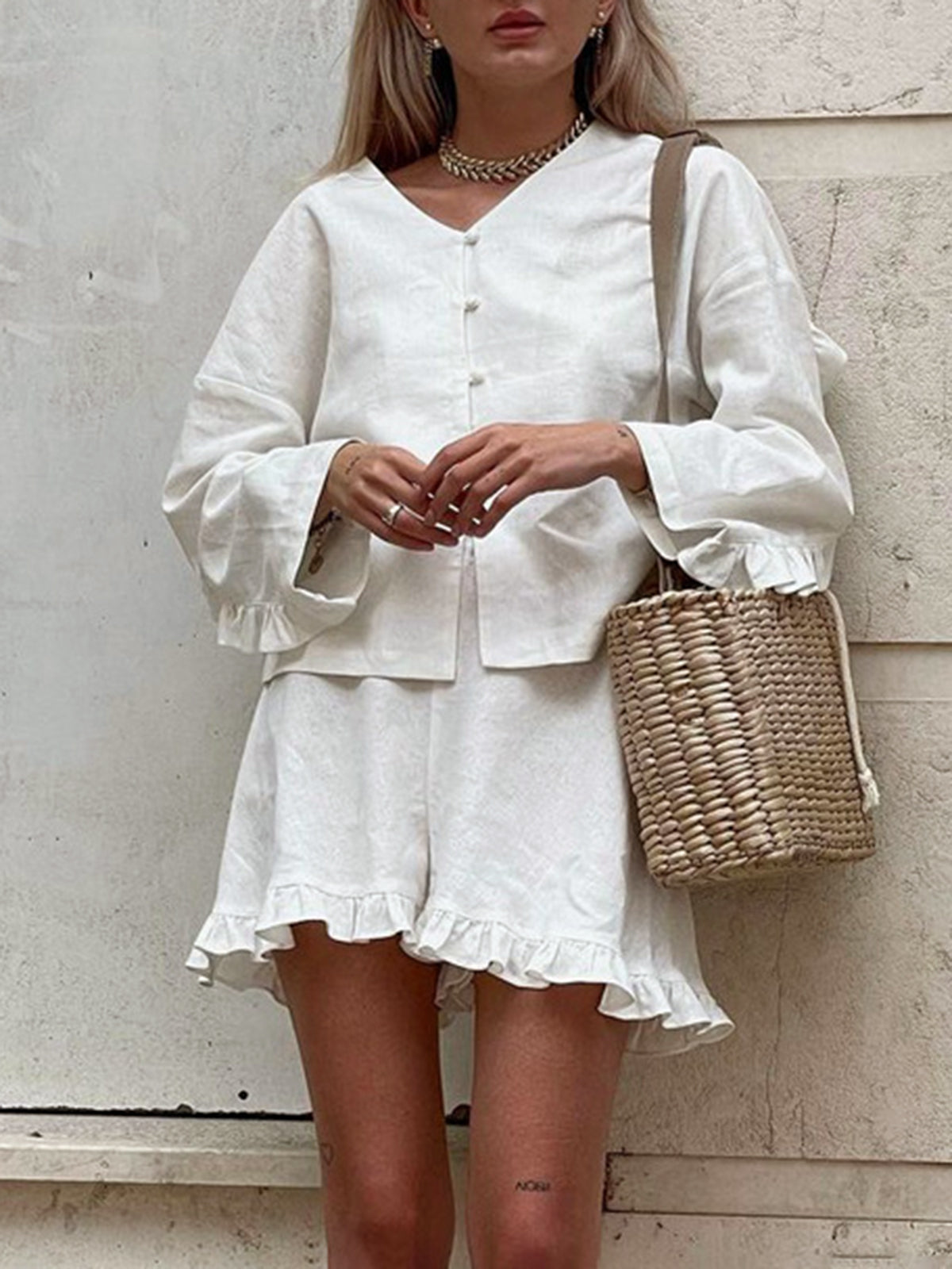 Pure Cotton Ruffle High-Waist Shorts Set — Off-White — Svelte Chic