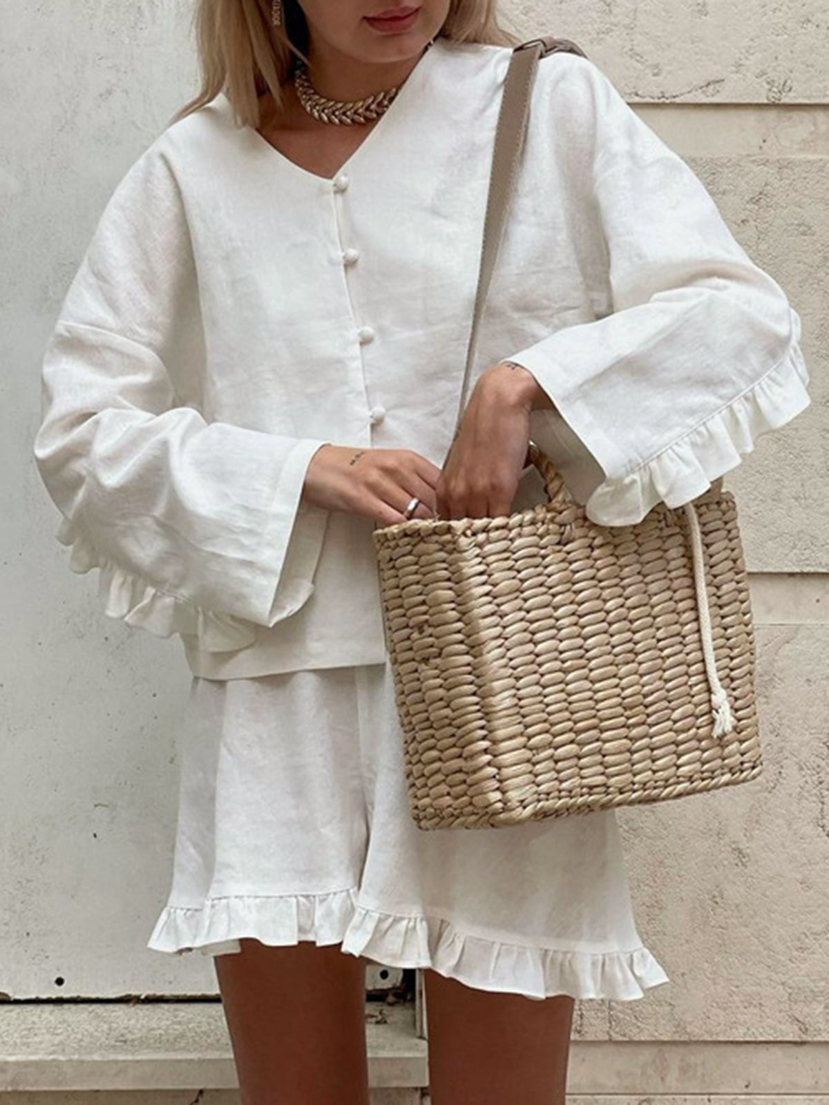 Pure Cotton Ruffle High-Waist Shorts Set — Off-White in Off-White — Svelte Chic
