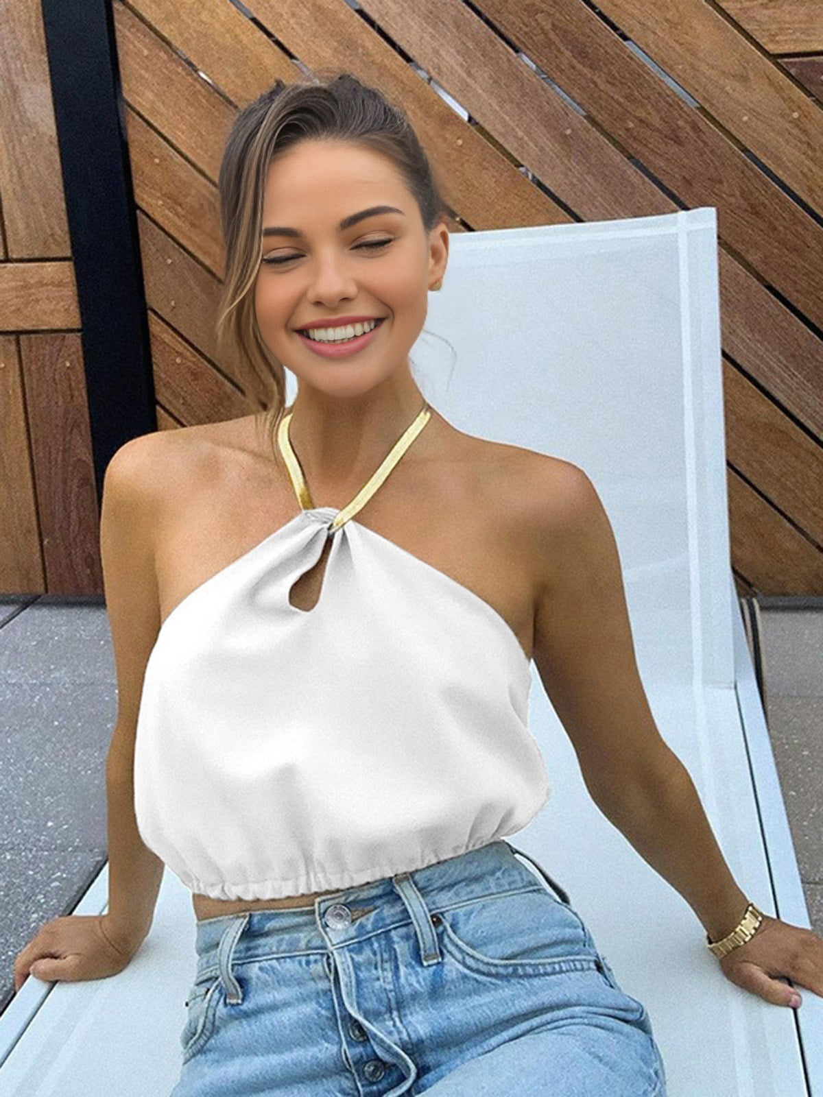 Halter Cropped Sleeveless Top — White Satin — Svelte Chic