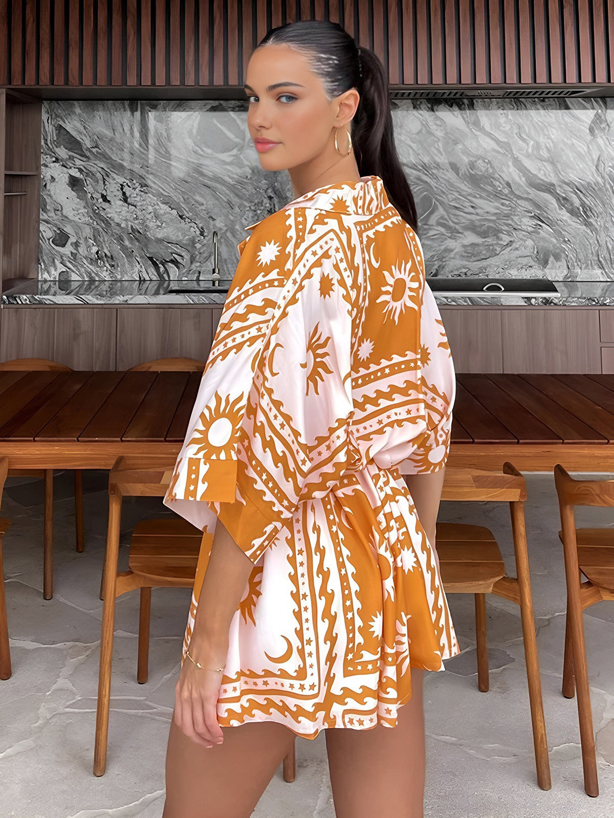 Boho Sun & Moon Print Short Jumpsuit — Orange — Svelte Chic