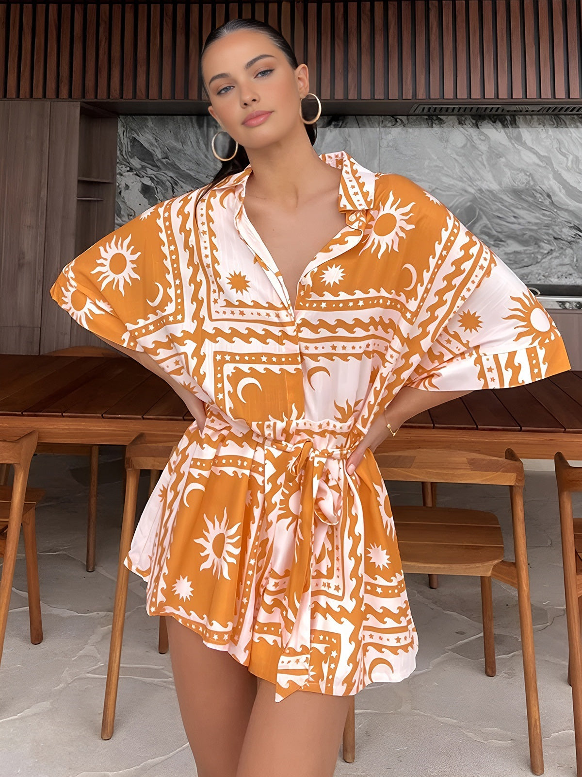 Boho Sun & Moon Print Short Jumpsuit — Orange in Orange — Svelte Chic