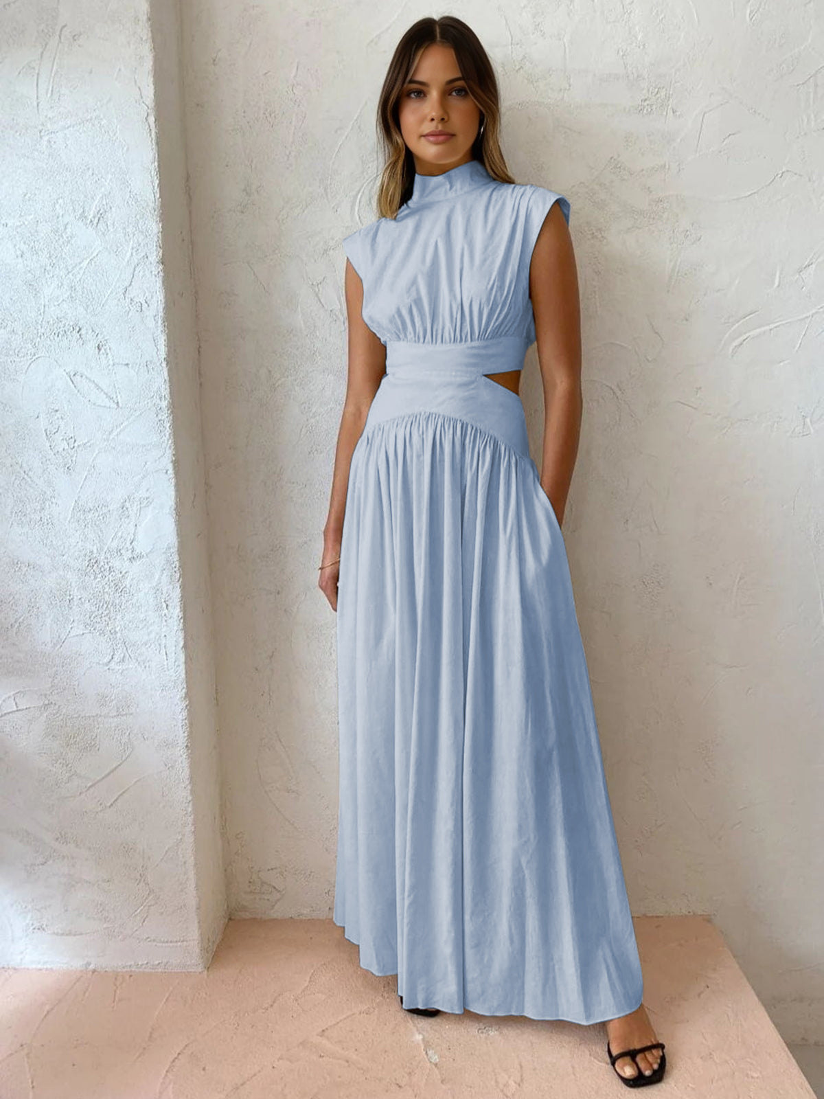 Mock Neck Cutout Maxi Dress in Light Blue — Svelte Chic